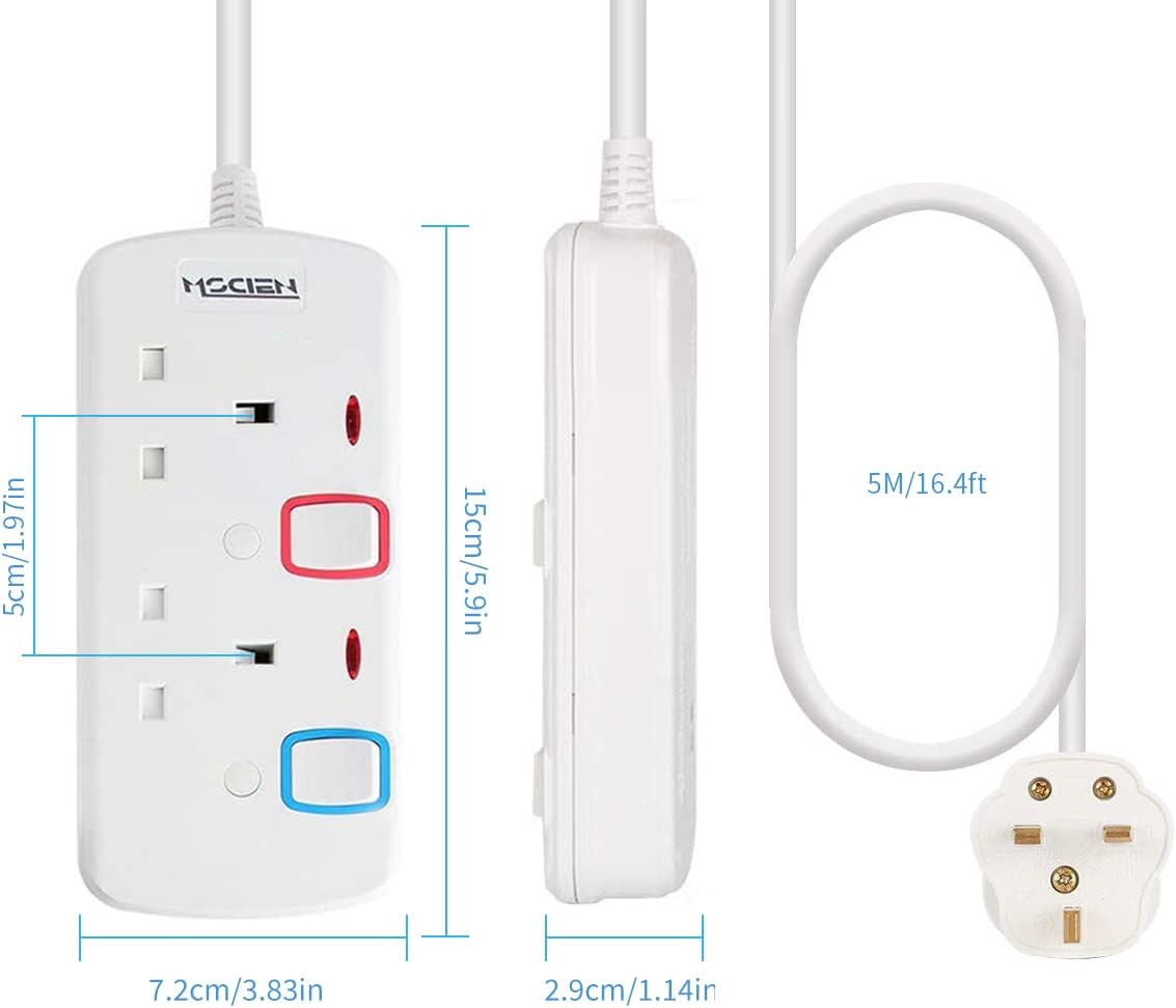 Mscien 5M Extension Lead Double 2 Sockets Gang Plug with Individual Switches Power Strips Wall-Mountable 5 Metre Two Way Extension Cord Cable, 250V