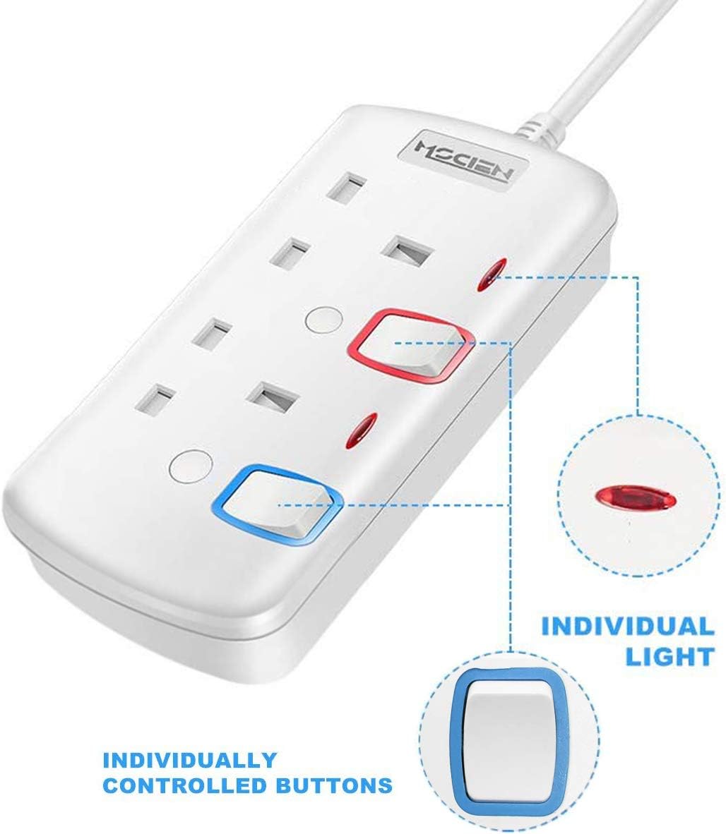 Mscien 5M Extension Lead Double 2 Sockets Gang Plug with Individual Switches Power Strips Wall-Mountable 5 Metre Two Way Extension Cord Cable, 250V