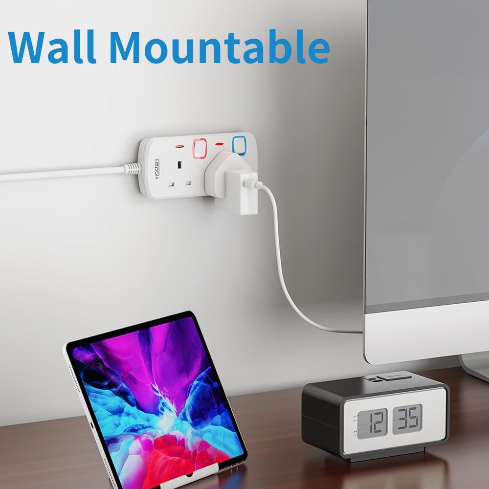 Mscien 5M Extension Lead Double 2 Sockets Gang Plug with Individual Switches Power Strips Wall-Mountable 5 Metre Two Way Extension Cord Cable, 250V