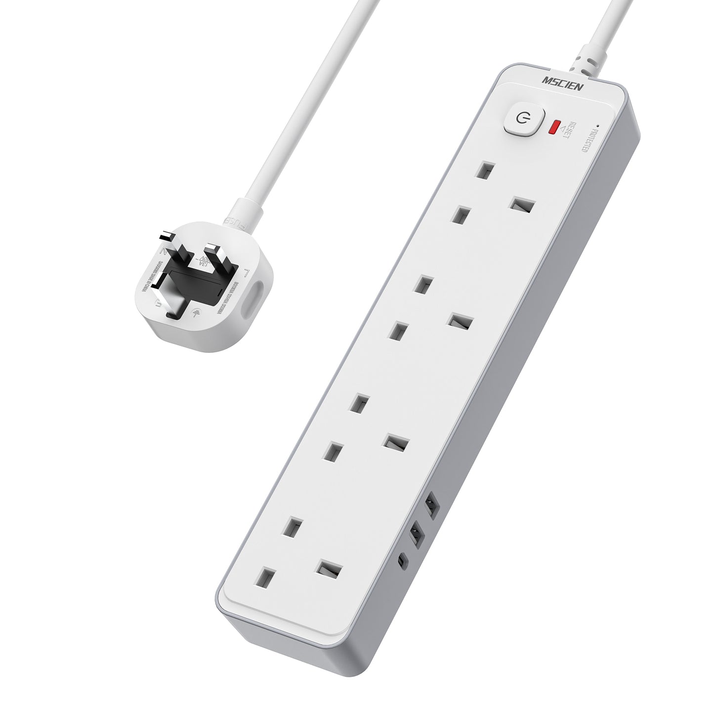 1.8M Extension Lead with USB Slots, 4 Way 3 USB(3.4A, 1 USB C, 2 USB A) Extension Socket, Surge Protected UK Power Strips