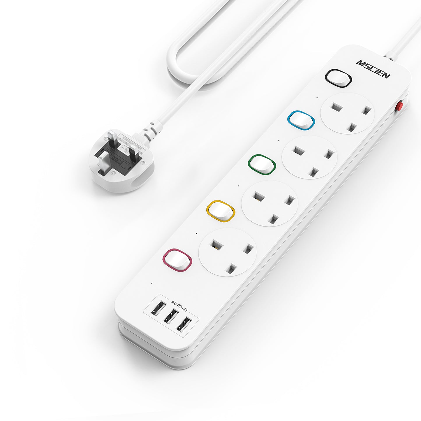 Mscien Extension Lead with USB Slots, 4 Way 3 USB Extension Socket with Individual Switches, Mountable Overload Protection Power Strips, 1.8 Meter Cable, 13A/3250W