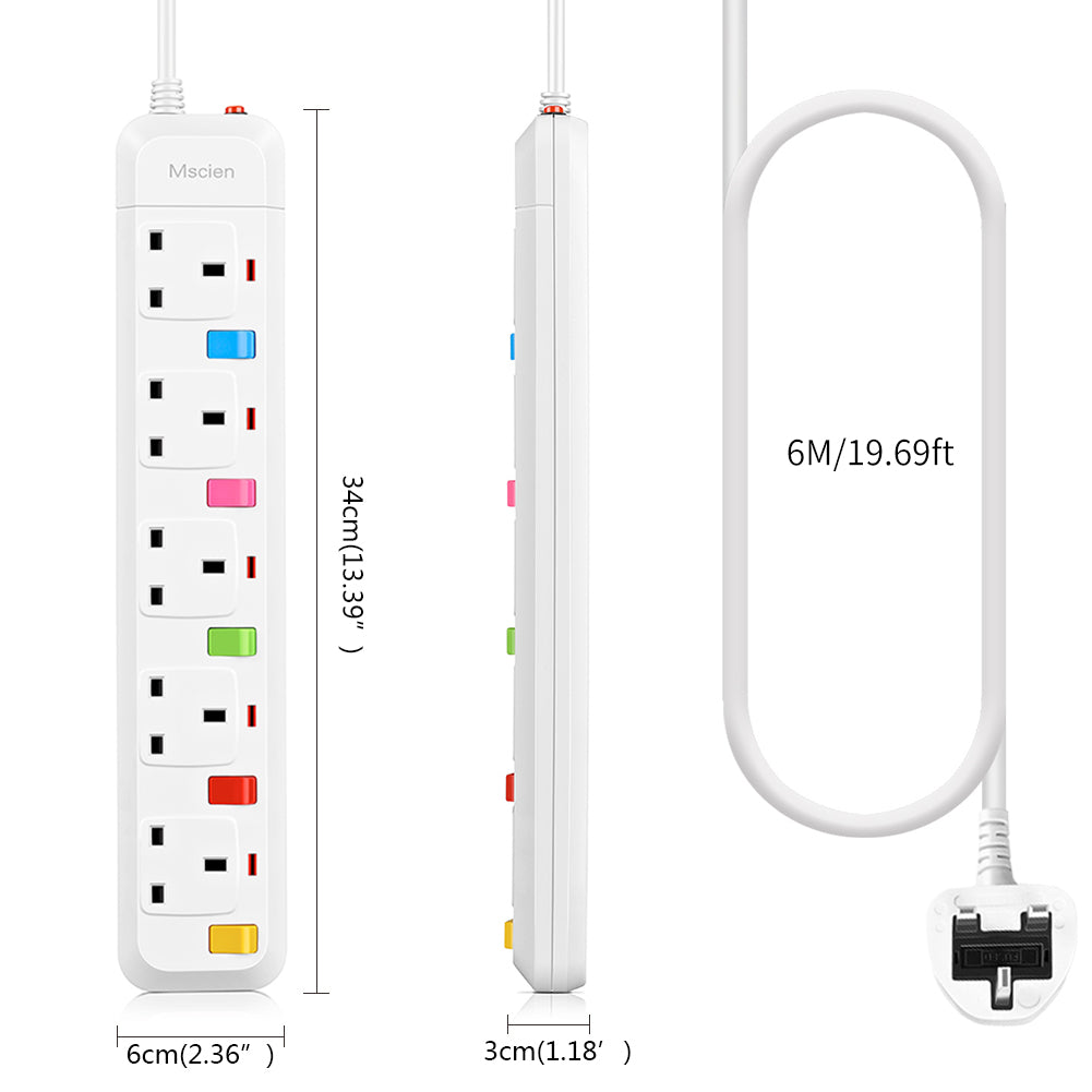6M Long Extension Lead with Switches, Mscien 5 Way Extension Socket Surge Protected Overload Extension Cable, UK Power Strip Mountable with 6 Metre Extension Cord, 5 Gang Multi Plug