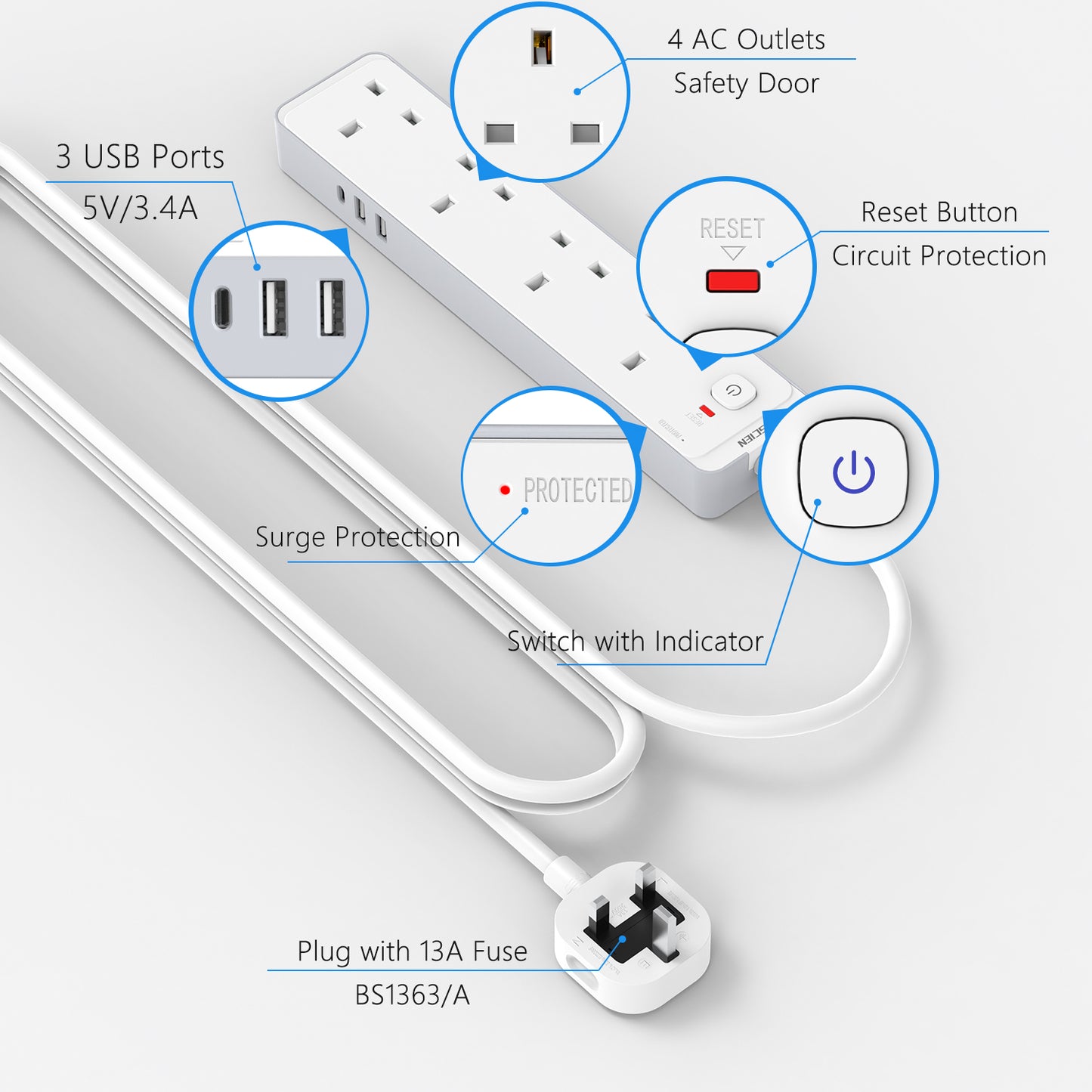 1.8M Extension Lead with USB Slots, 4 Way 3 USB(3.4A, 1 USB C, 2 USB A) Extension Socket, Surge Protected UK Power Strips