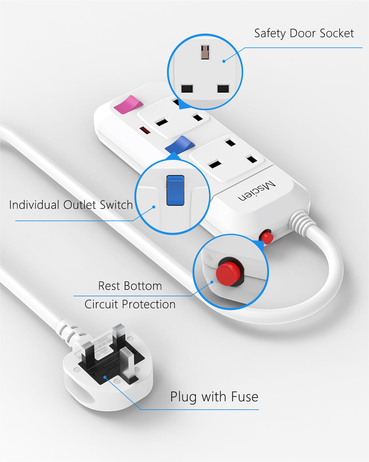 Mscien 3M Extension Lead 2 Way Plug Sockets with Individual Switches Overload Protected Power Strip Wall Mountable 3 Metre Extension Cable