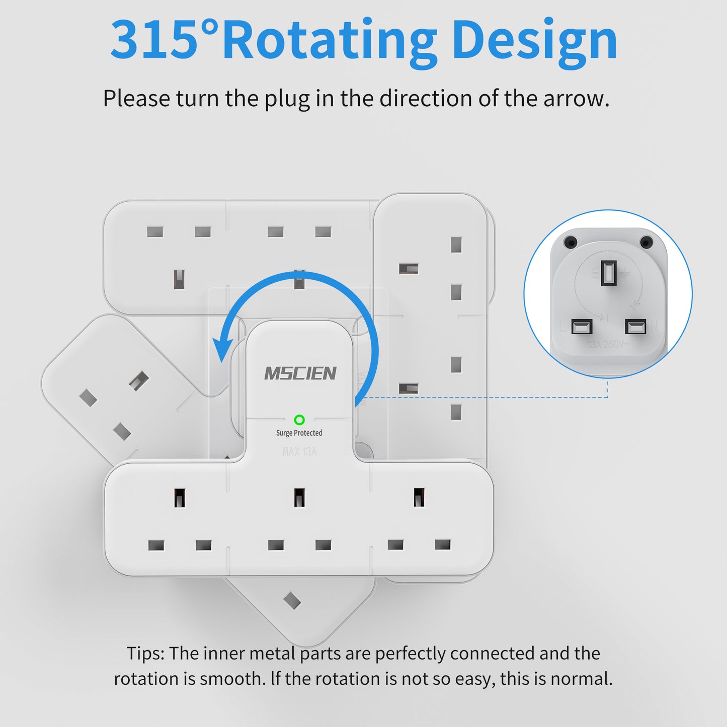 Multi Plug Adapter, Mscien 3 Way UK Plug Extension Socket with 315 Degree Rotation, Wall Power Strip Surge Protector Extender without Cable Plug Adaptor For Home, Office, Dorm