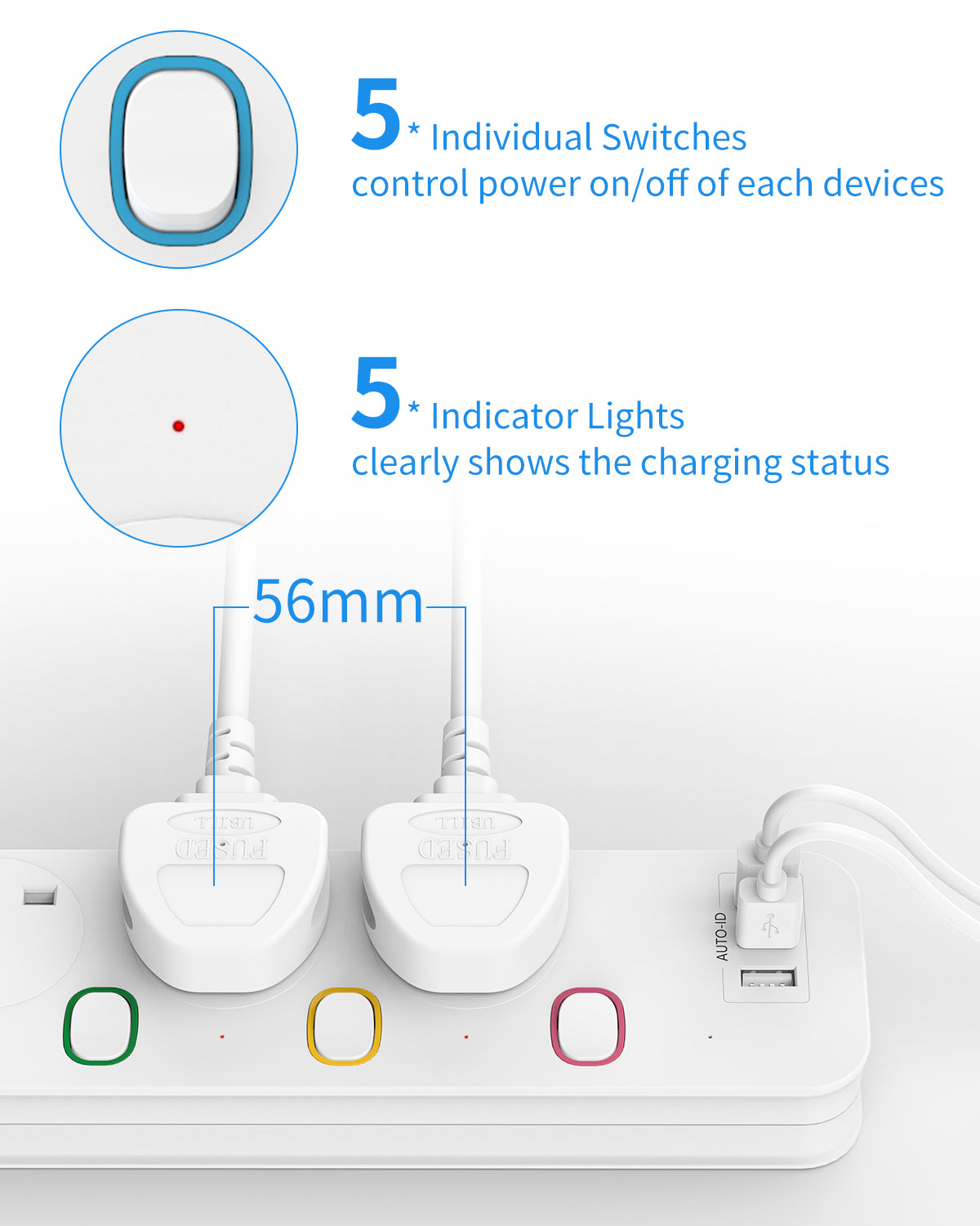 Mscien 4M Extension Lead with USB Slots, 4 Way 3 USB Extension Socket with Individual Switches Mountable Power Strips with 4 Meters Extension cable 3250W