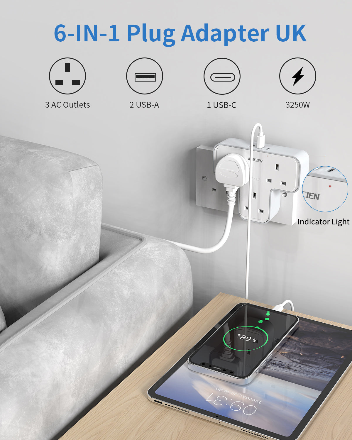 Plug Extension Socket, Plug Adapter 3 Way with 3 USB(1 Type-C)
