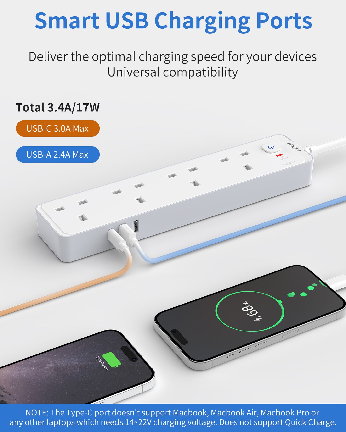 1.8M Extension Lead with USB Slots, 4 Way 3 USB(3.4A, 1 USB C, 2 USB A) Extension Socket, Surge Protected UK Power Strips