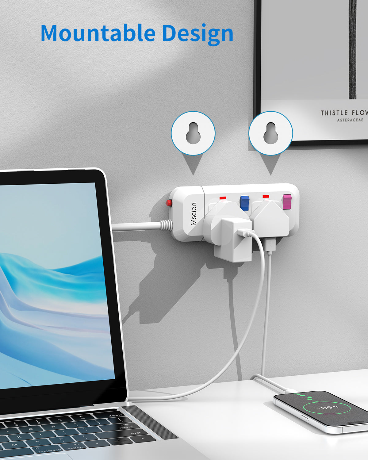 Mscien 3M Extension Lead 2 Way Plug Sockets with Individual Switches Overload Protected Power Strip Wall Mountable 3 Metre Extension Cable