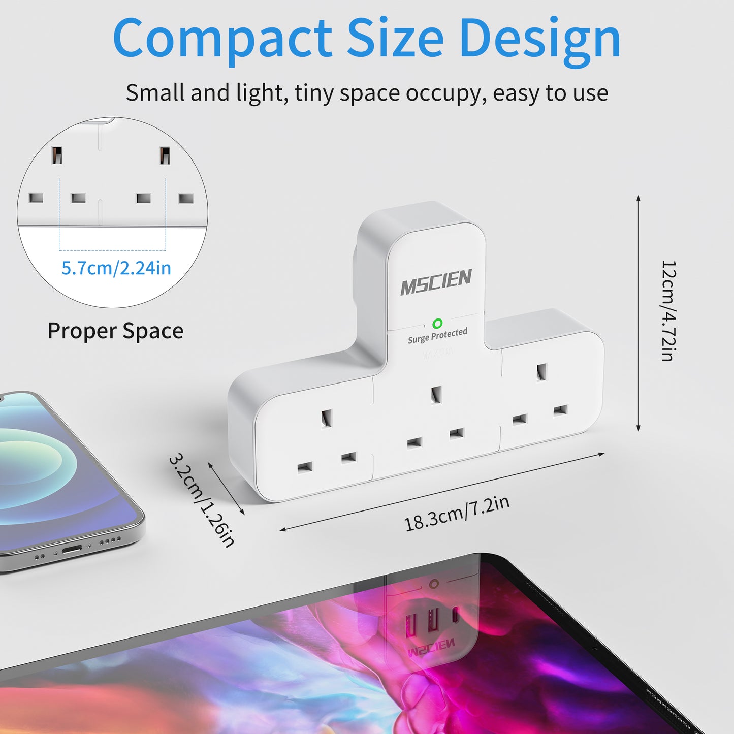 Multi Plug Adapter, Mscien 3 Way UK Plug Extension Socket with 315 Degree Rotation, Wall Power Strip Surge Protector Extender without Cable Plug Adaptor For Home, Office, Dorm