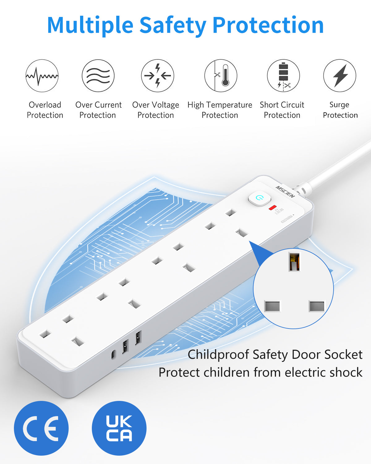1.8M Extension Lead with USB Slots, 4 Way 3 USB(3.4A, 1 USB C, 2 USB A) Extension Socket, Surge Protected UK Power Strips