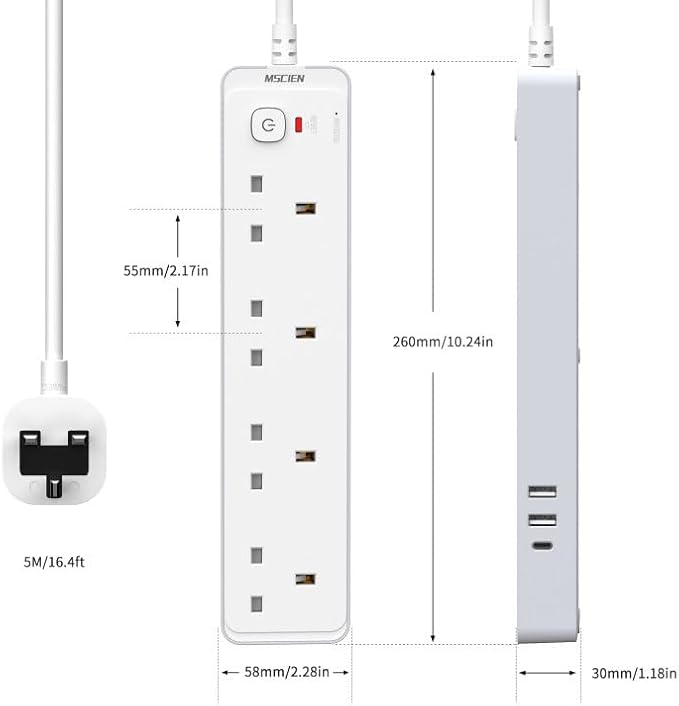 Mscien 5M Extension Lead with 3 USB Slots(3.4A, 1 USB C, 2 USB A), 4 Way Extension Socket with Switch Wall Mountable