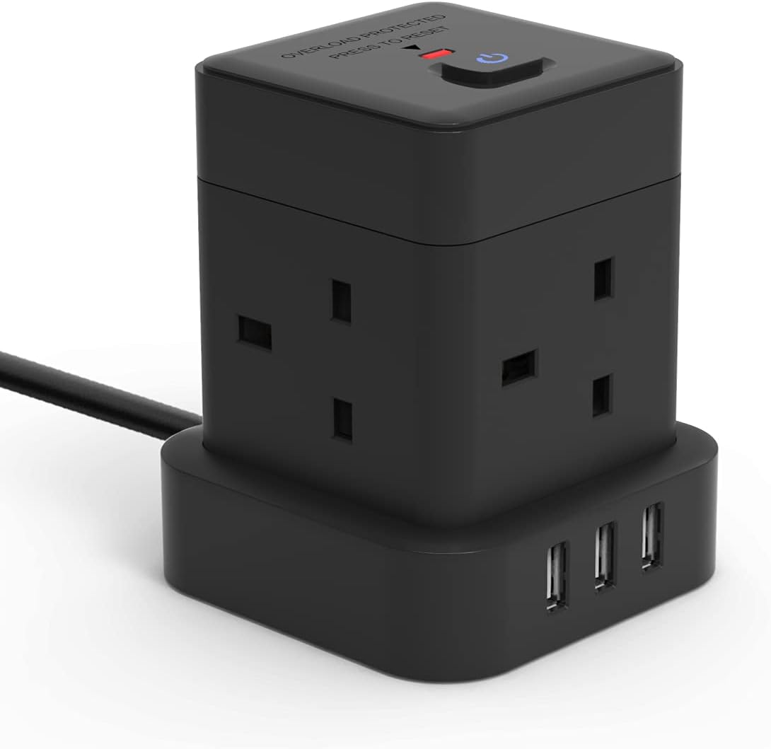 3M 4Gang Cube Extension Lead with 3 USB-A Slots, Black, Overload Protection
