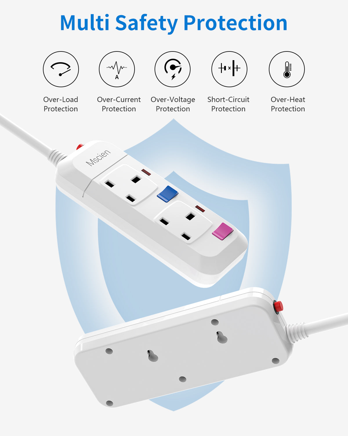 Mscien 5M Extension Lead 2 Way Plug Sockets with Individual Switches Overload Protected Power Strip Wall Mountable 5 Metre Long Extension Cable