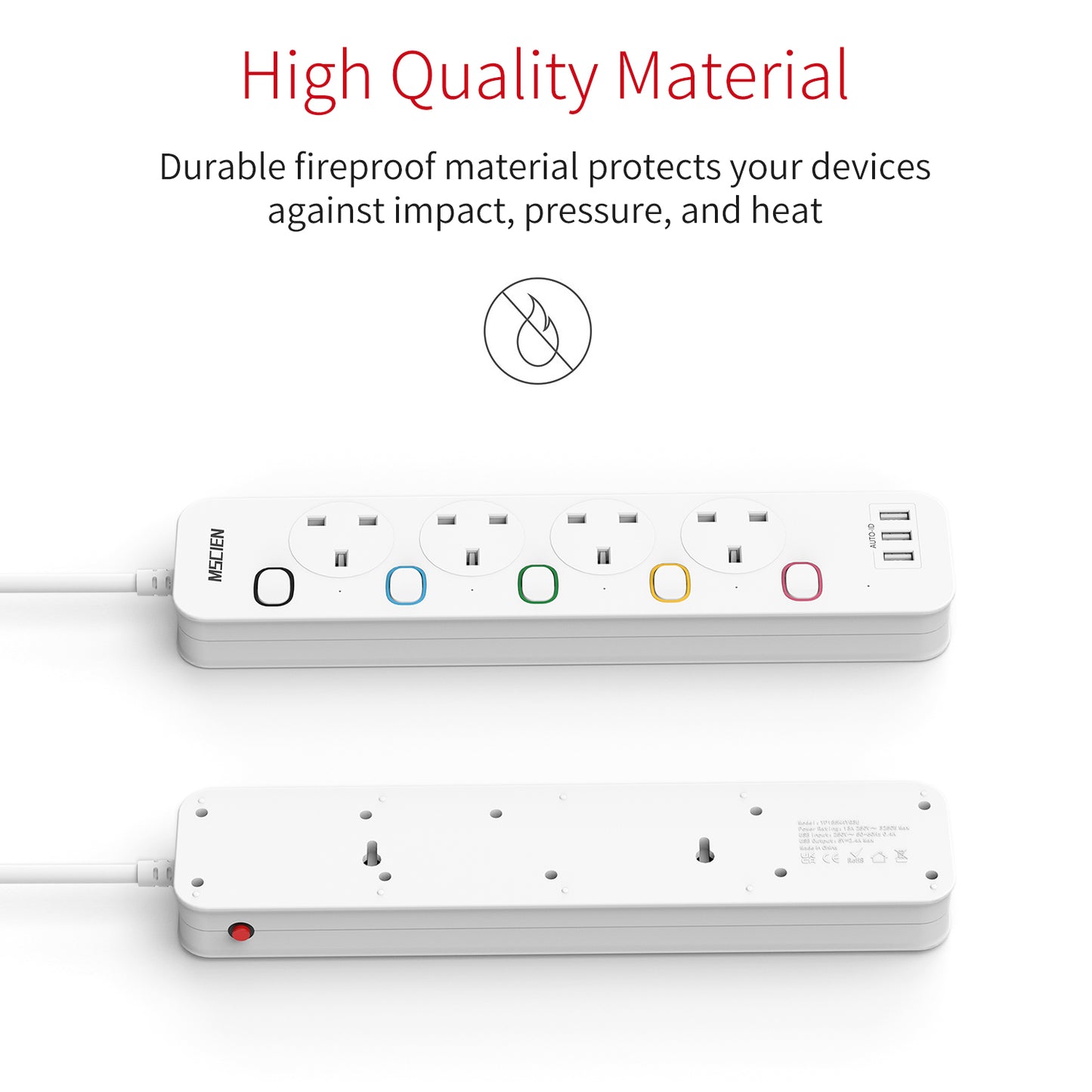 Mscien 4M Extension Lead with USB Slots, 4 Way 3 USB Extension Socket with Individual Switches Mountable Power Strips with 4 Meters Extension cable 3250W
