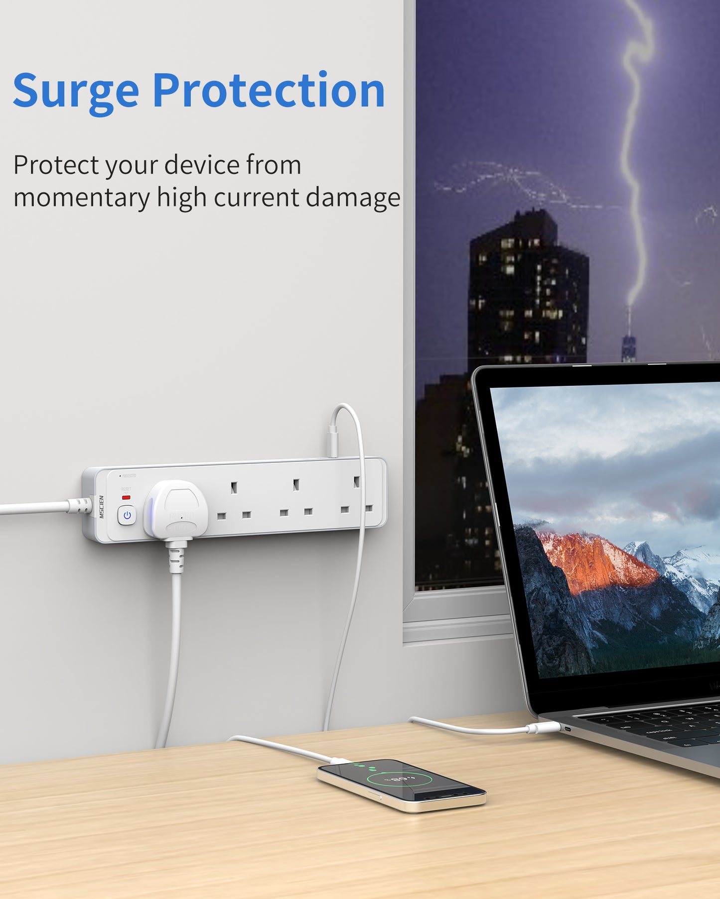 1.8M Extension Lead with USB Slots, 4 Way 3 USB(3.4A, 1 USB C, 2 USB A) Extension Socket, Surge Protected UK Power Strips