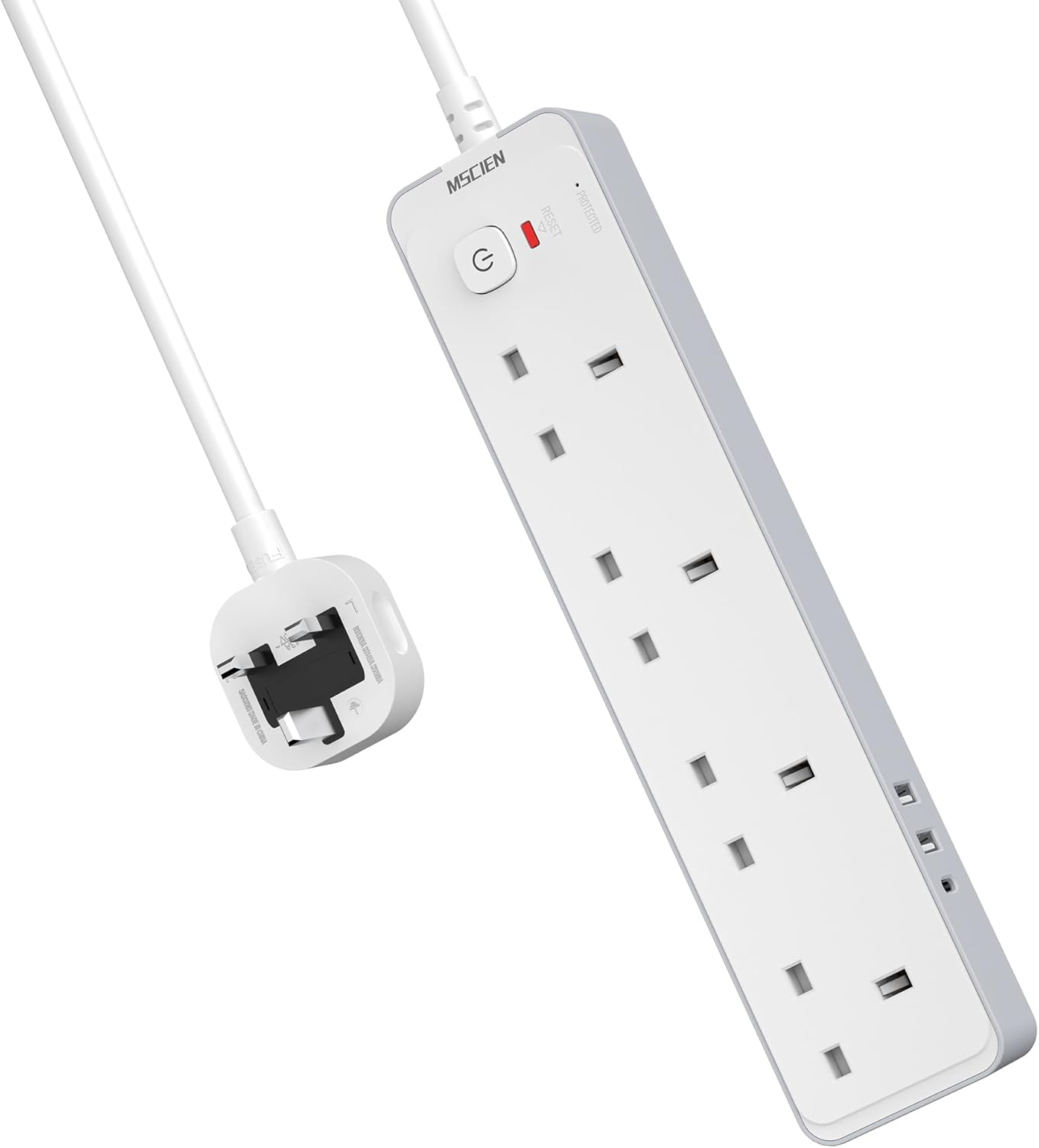 Mscien 3m Extension Lead With USB Slots (1 USB C), 4 Way Surge Protected Extension Lead With 3 Metre Extension Cable Cord