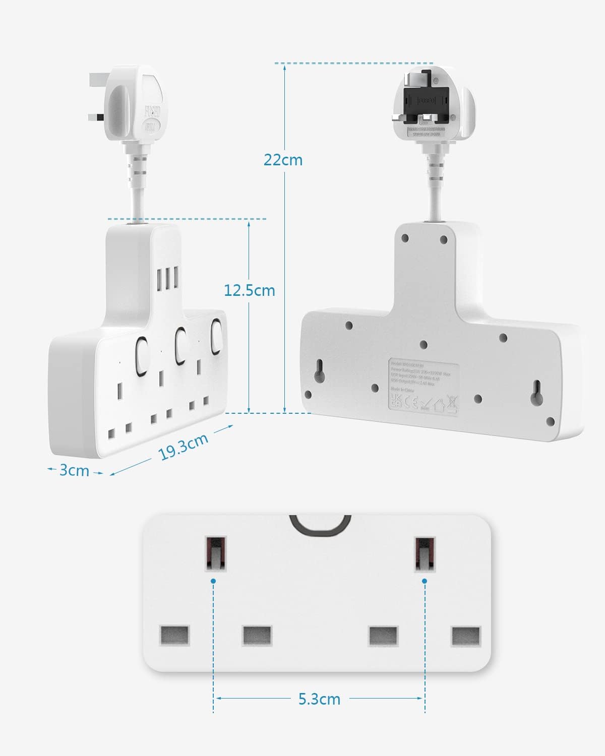 5CM 3Gang Plug Adaptor with 3 USB-A, Individual Switches