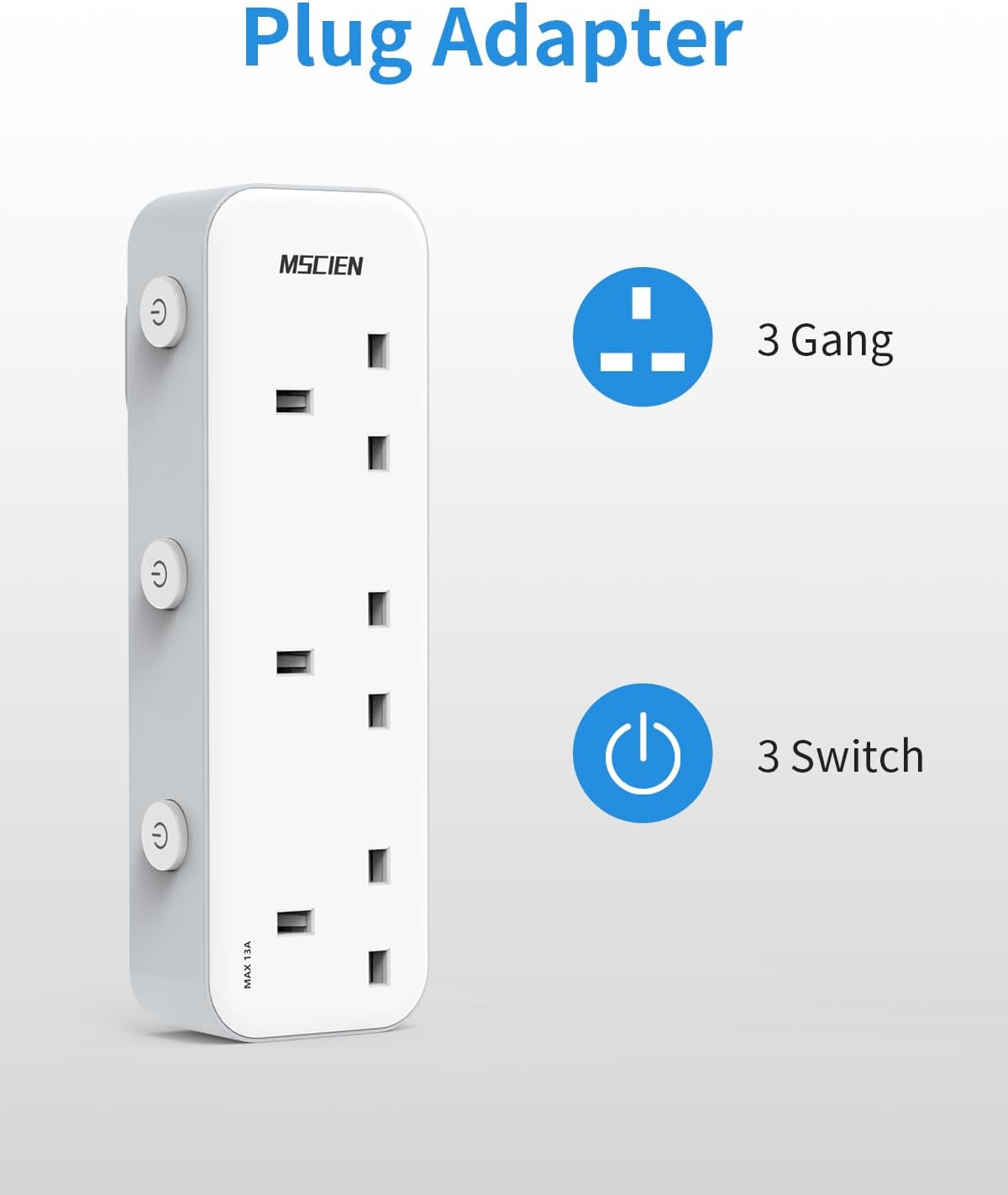 3ギャングプラグアダプター、LEDライト付き、個別スイッチ付き