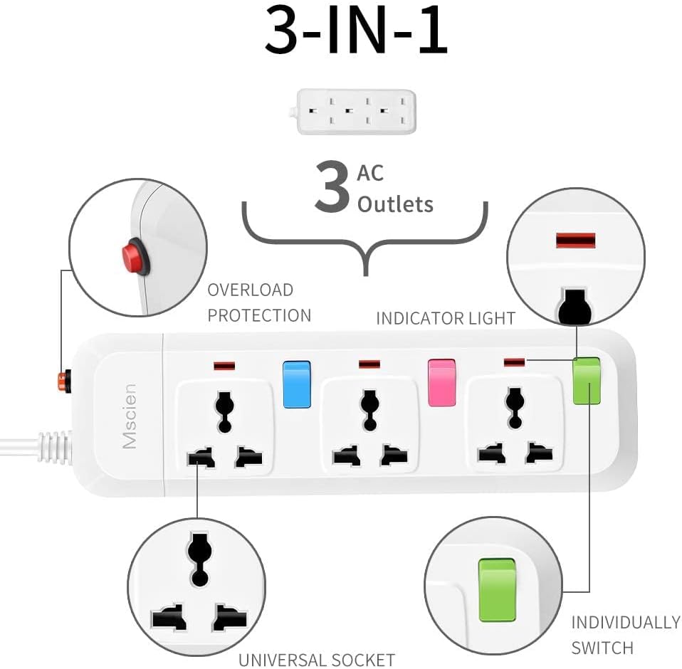 UK To EU Travel 1.8M 3Gang Extension Lead, Individual Switched
