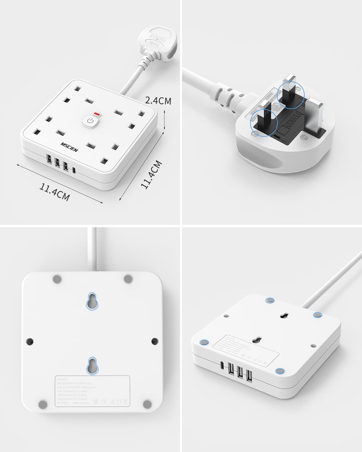 5CM 4 Gang Extension Lead with 4 USB Slots (1 Type-C and 3 USB-A), with LED Indicator Switch