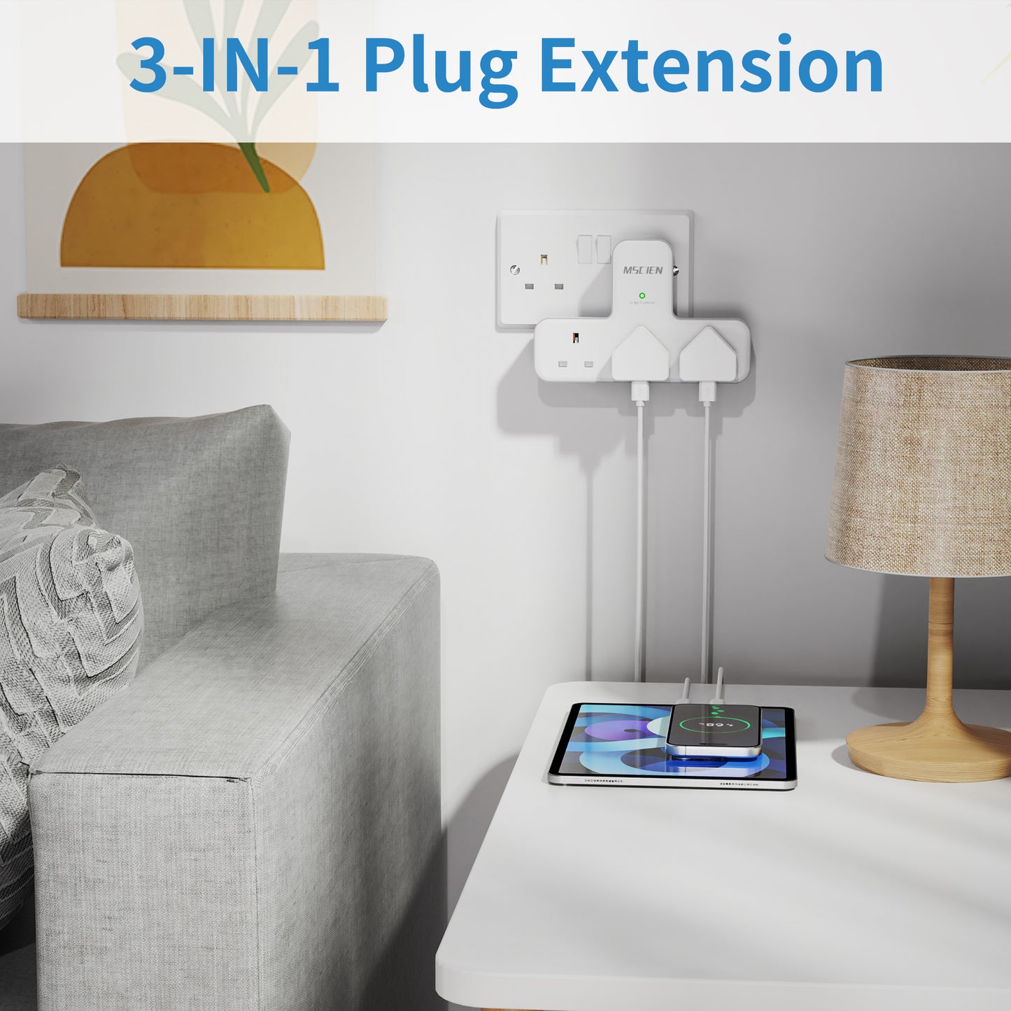 Multi Plug Adapter, Mscien 3 Way UK Plug Extension Socket with 315 Degree Rotation, Wall Power Strip Surge Protector Extender without Cable Plug Adaptor For Home, Office, Dorm