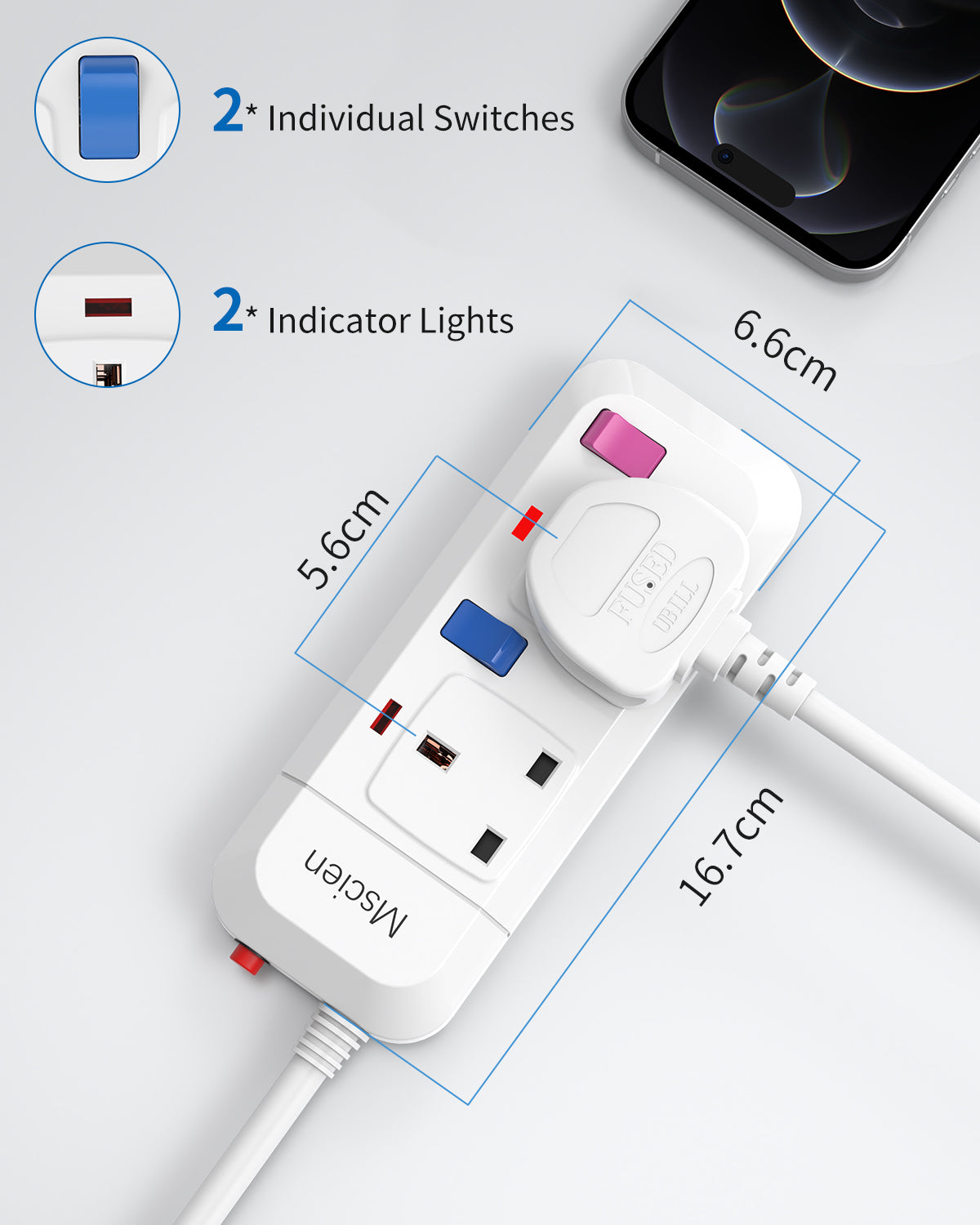 Mscien Extension Lead 2 Way Plug Sockets with Individual Switches Overload Protected Power Strip Wall Mountable 1.5M Extension Cable