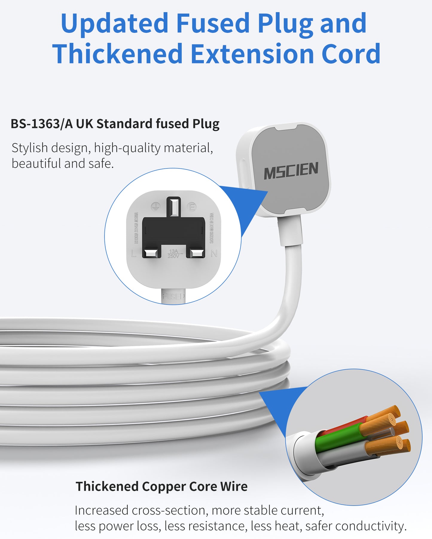 1.8M Extension Lead with USB Slots, 4 Way 3 USB(3.4A, 1 USB C, 2 USB A) Extension Socket, Surge Protected UK Power Strips