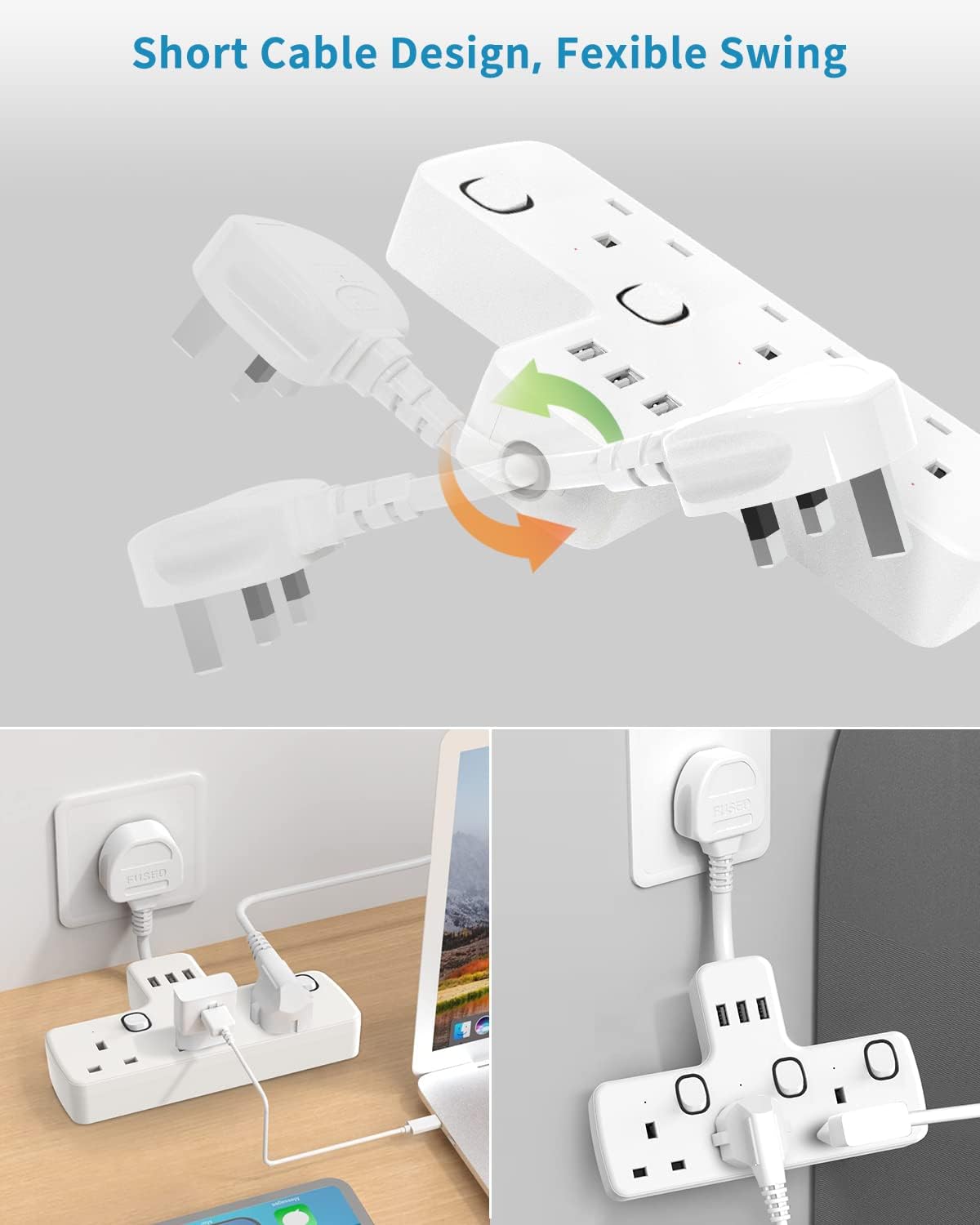 5CM 3Gang Plug Adaptor with 3 USB-A, Individual Switches