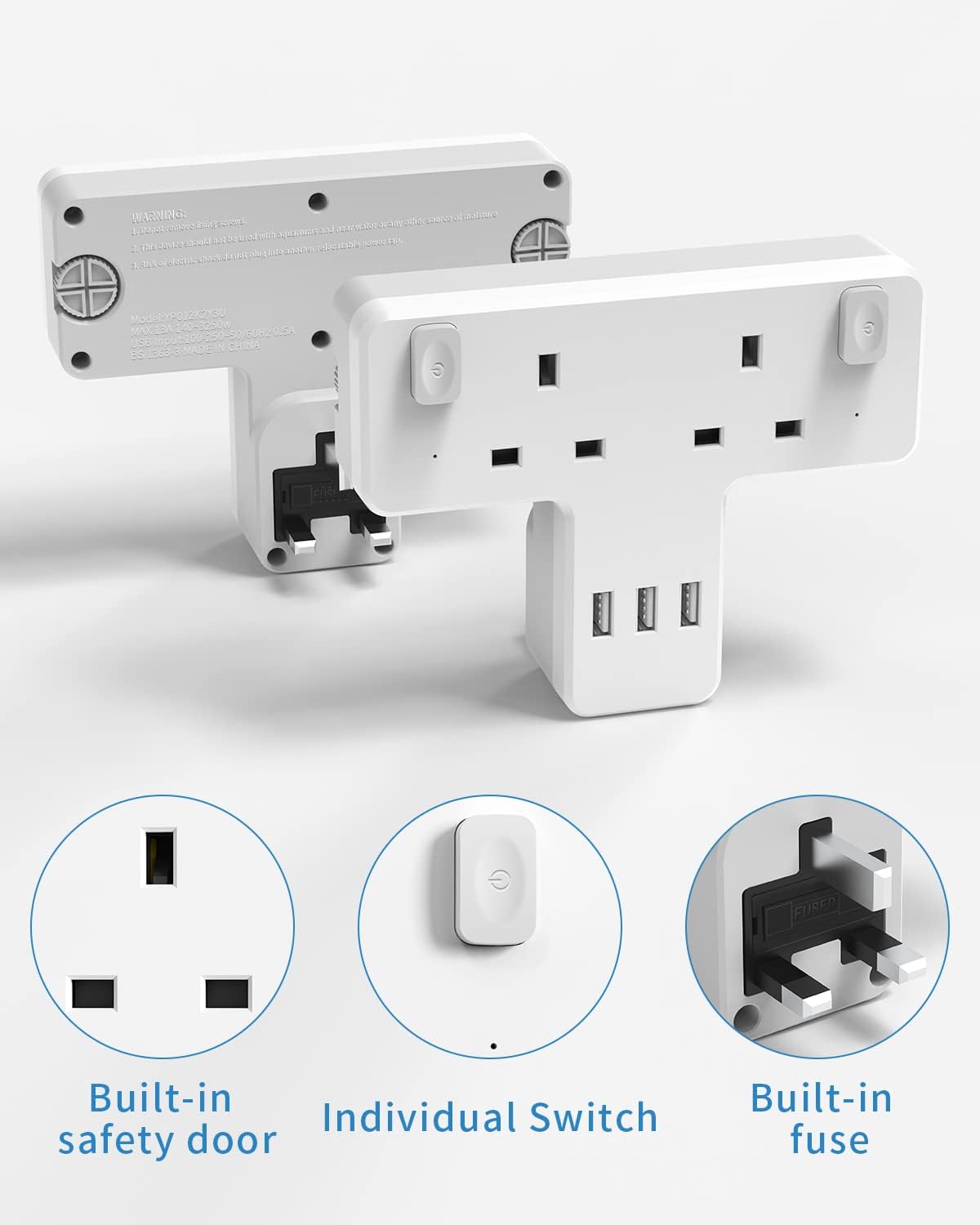 3 つの USB-A スロットと個別スイッチを備えた 2 ギャング プラグ アダプター