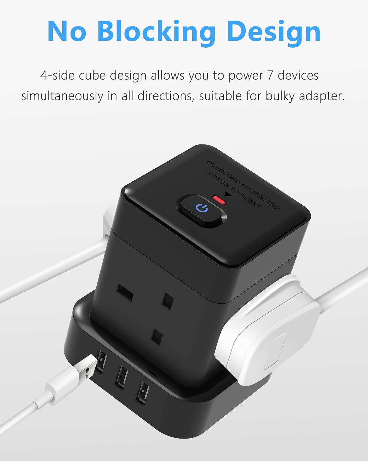 3M 4Gang Cube Extension Lead with 3 USB-A Slots, Black, Overload Protection