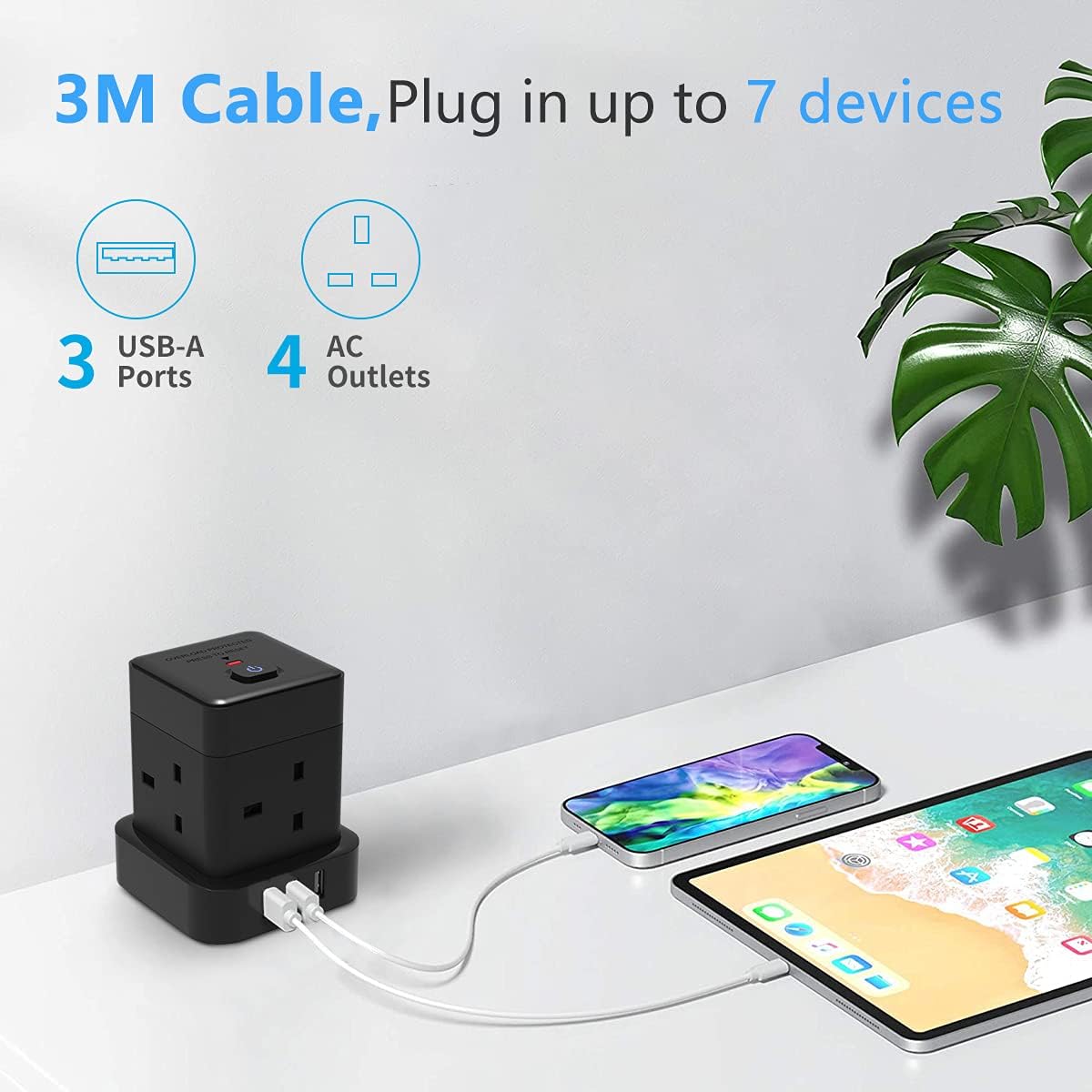 3M 4Gang Cube Extension Lead with 3 USB-A Slots, Black, Overload Protection
