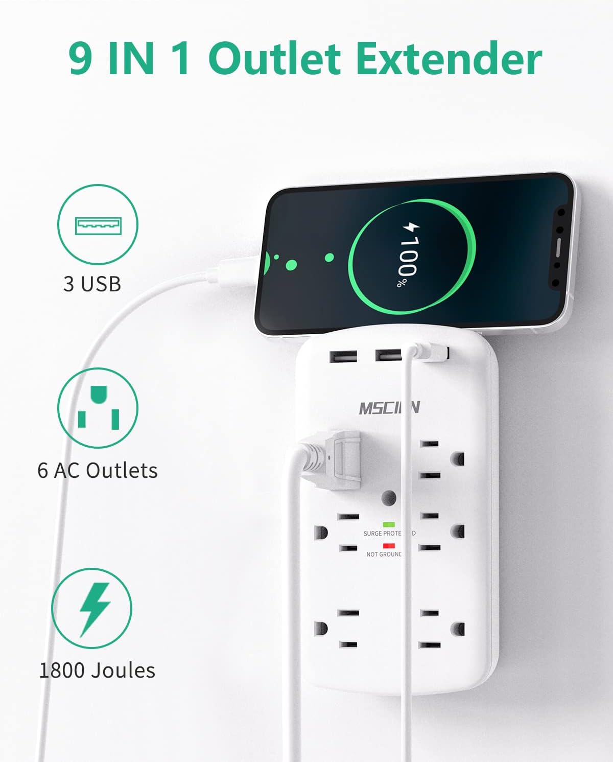 Wall Outlet Extender Surge Protector, Mscien 6 AC Multi Plug Outlet Wall Adapter with 3 USB(3.4A Total), Wall Mount Power Strip Outlet Splitter for Home Dorm Office Travel, 1800 Joules, ETL Listed