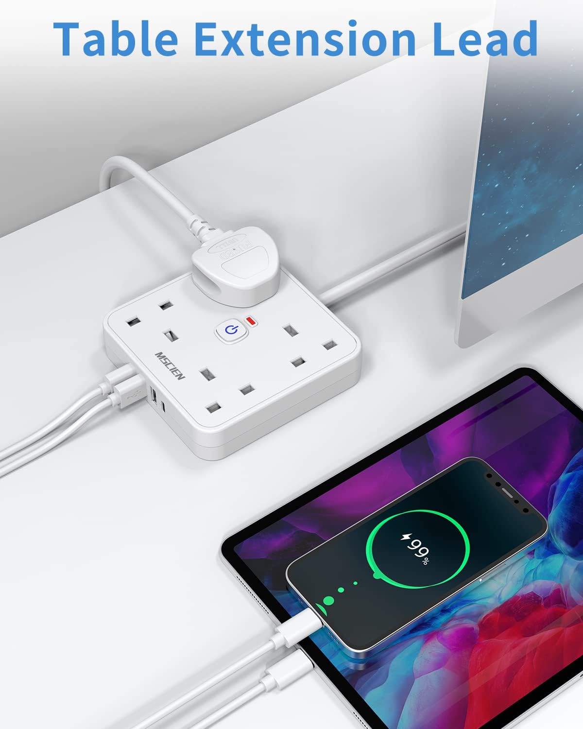 كابل تمديد 5 متر بـ 4 فتحات USB (1 من النوع C و3 من النوع A)، مثبت على الحائط