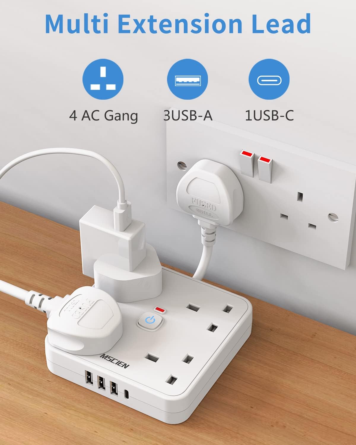 5CM 4 Gang Extension Lead with 4 USB Slots (1 Type-C and 3 USB-A), with LED Indicator Switch