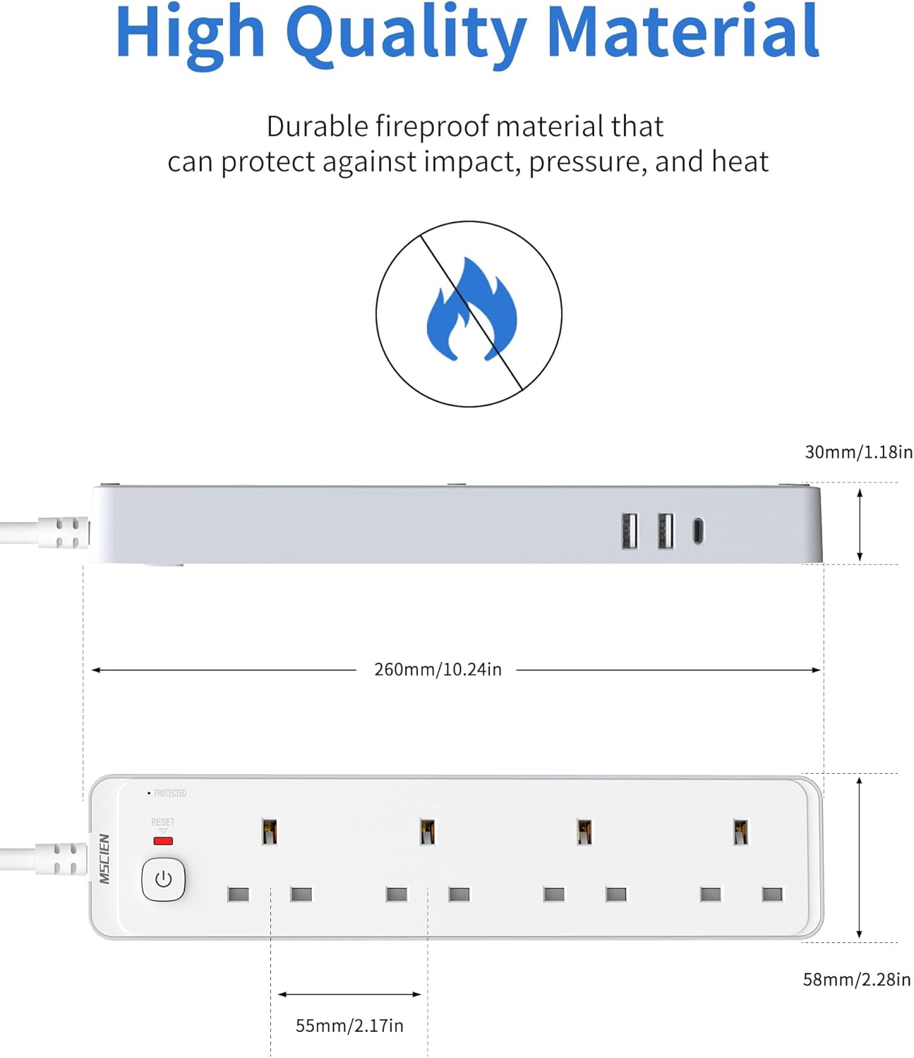 Mscien 3m Extension Lead With USB Slots (1 USB C), 4 Way Surge Protected Extension Lead With 3 Metre Extension Cable Cord