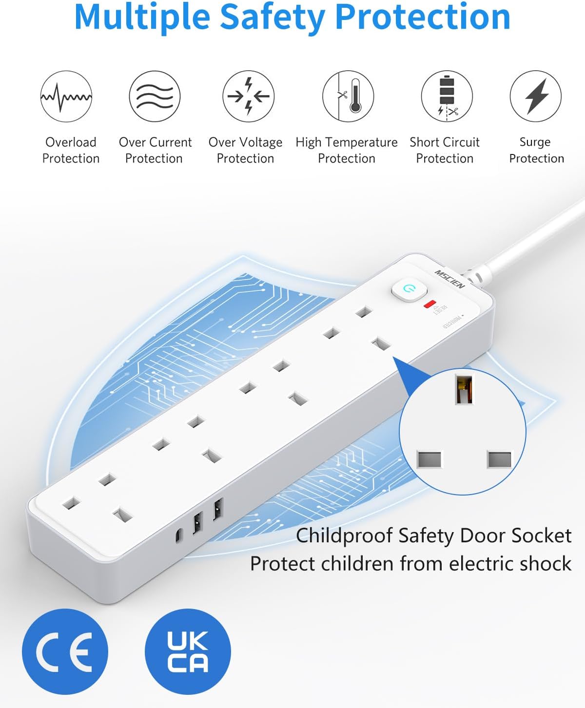 Mscien 3m Extension Lead With USB Slots (1 USB C), 4 Way Surge Protected Extension Lead With 3 Metre Extension Cable Cord