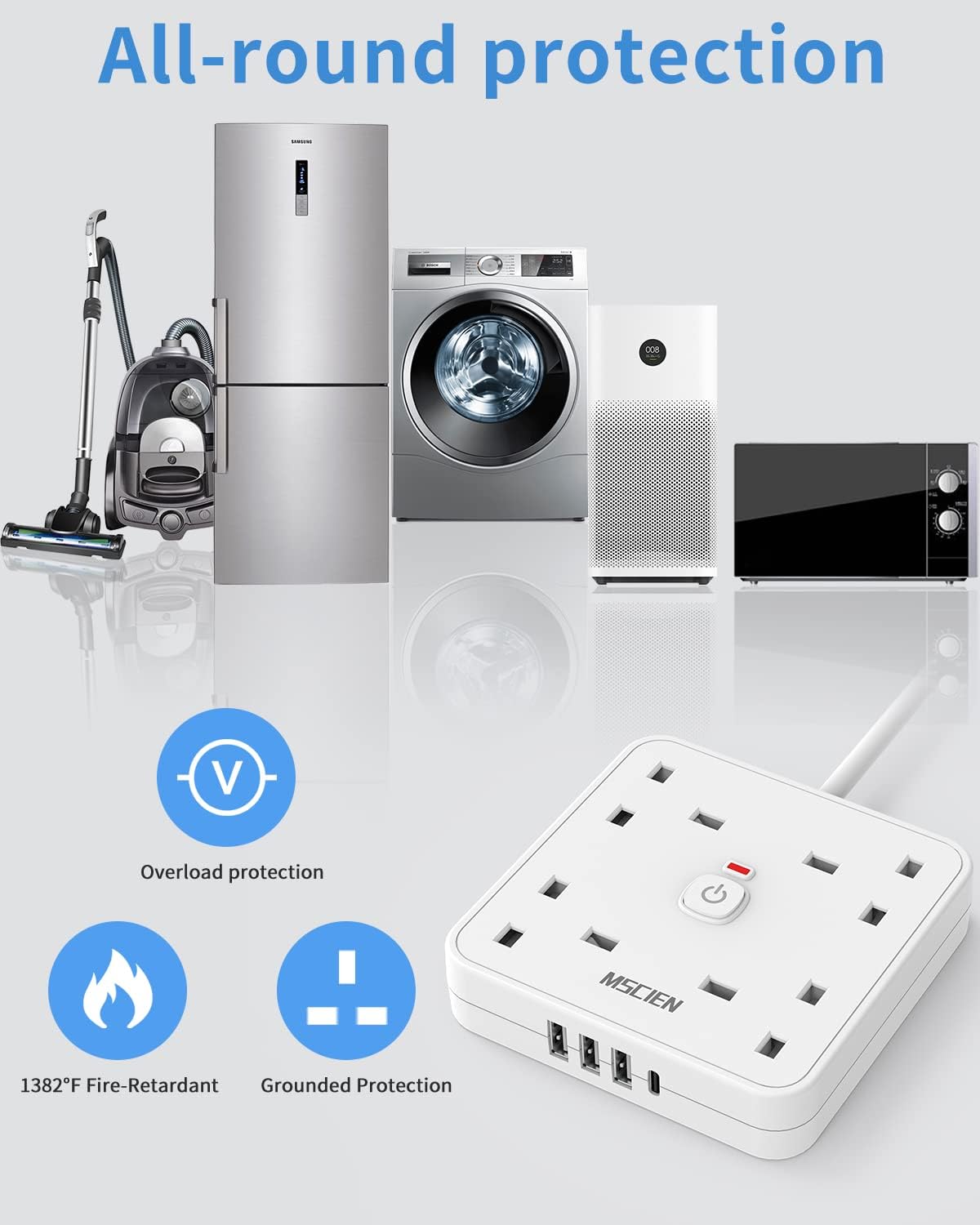 كابل تمديد 5 متر بـ 4 فتحات USB (1 من النوع C و3 من النوع A)، مثبت على الحائط