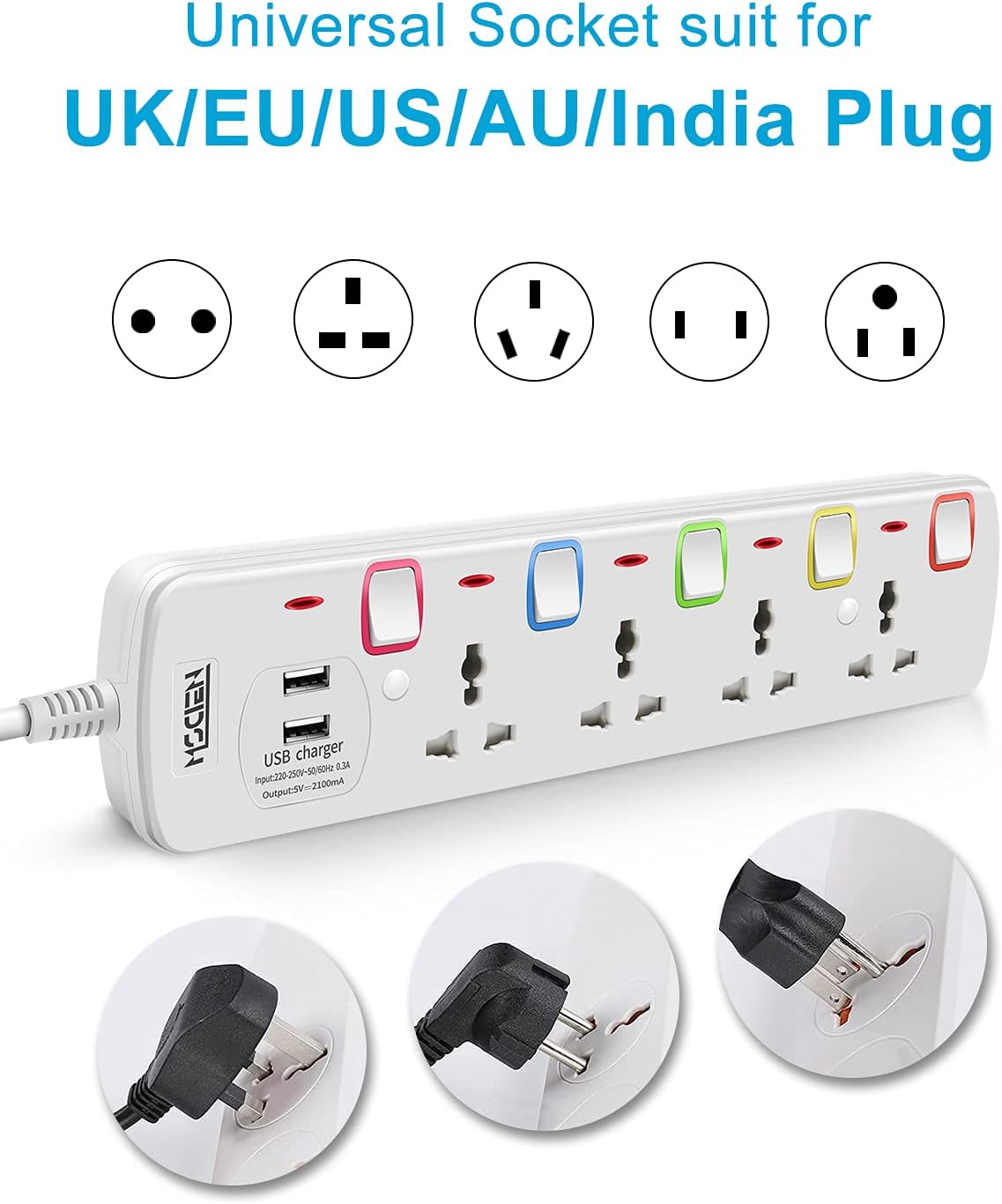 3M 4Gang Extension Lead with 2 USB-A Slots, with Individual Switches, Wall Mountable