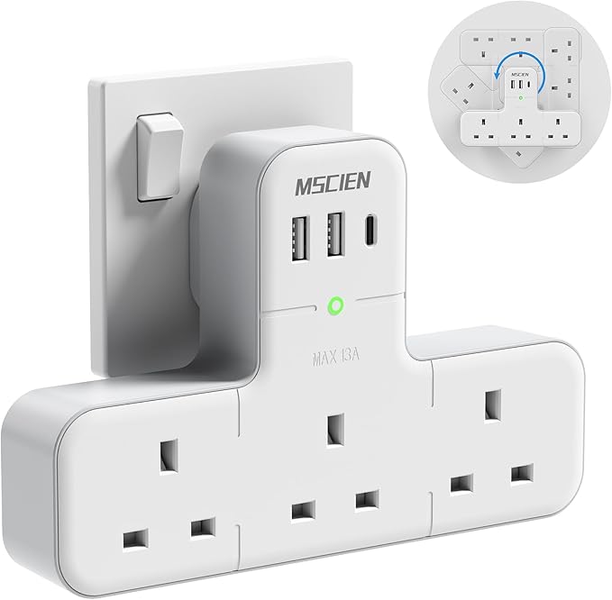 Mscien Multi Plug Adaptor, 6 in 1 Plug Extension Socket 3 Way 3 USB(3.4A,1 Type-C)