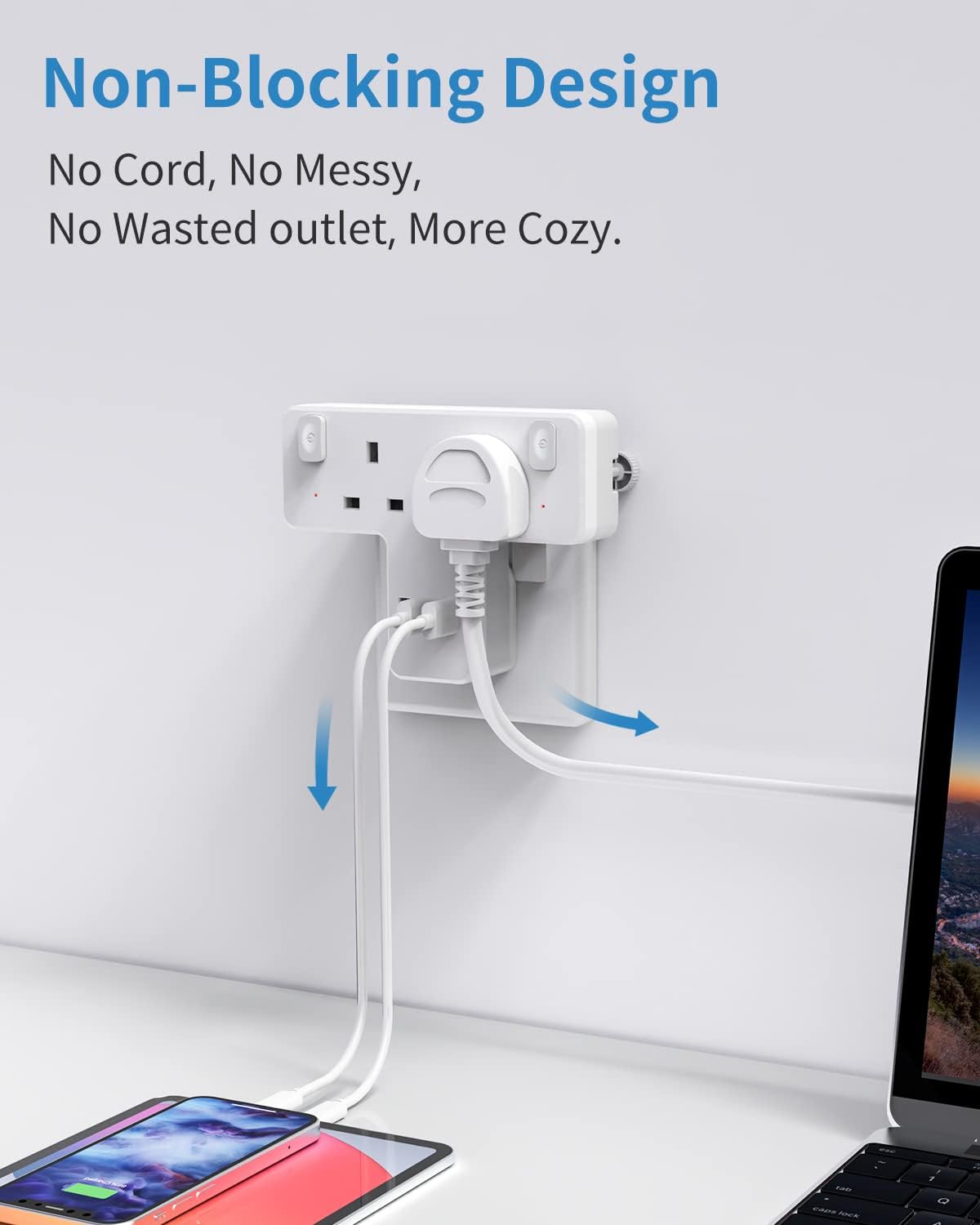 3 つの USB-A スロットと個別スイッチを備えた 2 ギャング プラグ アダプター