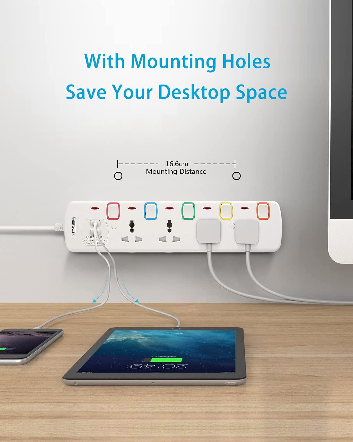 3M 4Gang Extension Lead with 2 USB-A Slots, with Individual Switches, Wall Mountable