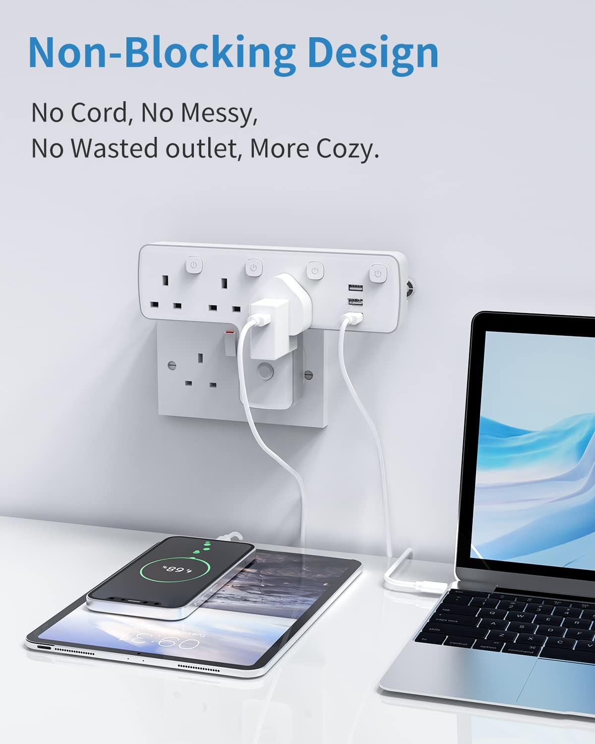 3ギャングプラグアダプター、3つのUSB-A、180度回転ボタン、個別スイッチ、サージ保護付き