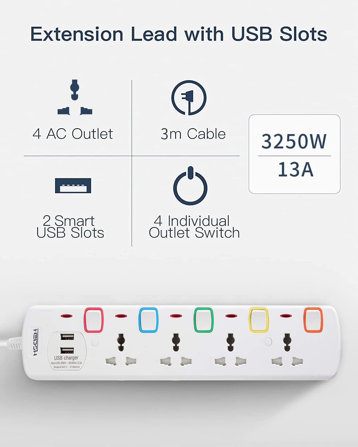 3M 4Gang Extension Lead with 2 USB-A Slots, with Individual Switches, Wall Mountable
