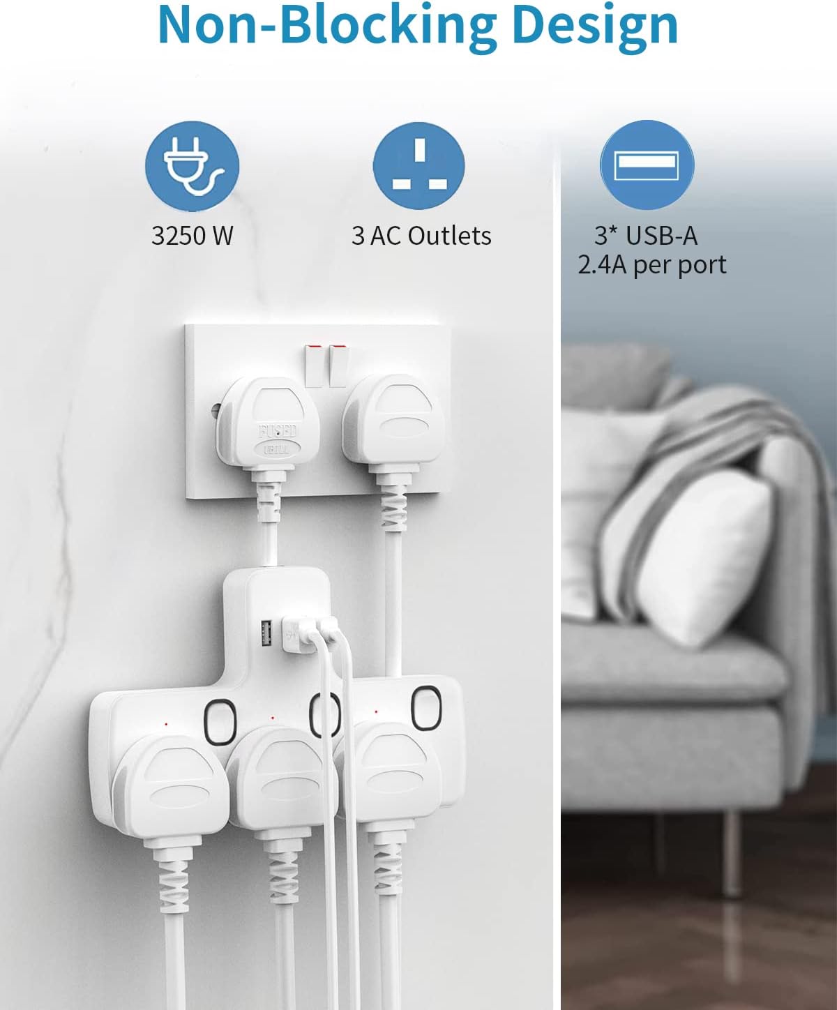 5CM 3Gang Plug Adaptor with 3 USB-A, Individual Switches