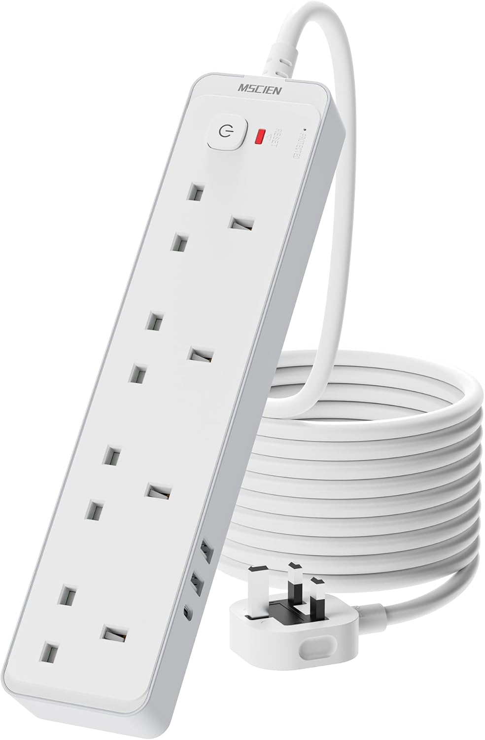 Mscien 5M Extension Lead with 3 USB Slots(3.4A, 1 USB C, 2 USB A), 4 Way Extension Socket with Switch Wall Mountable