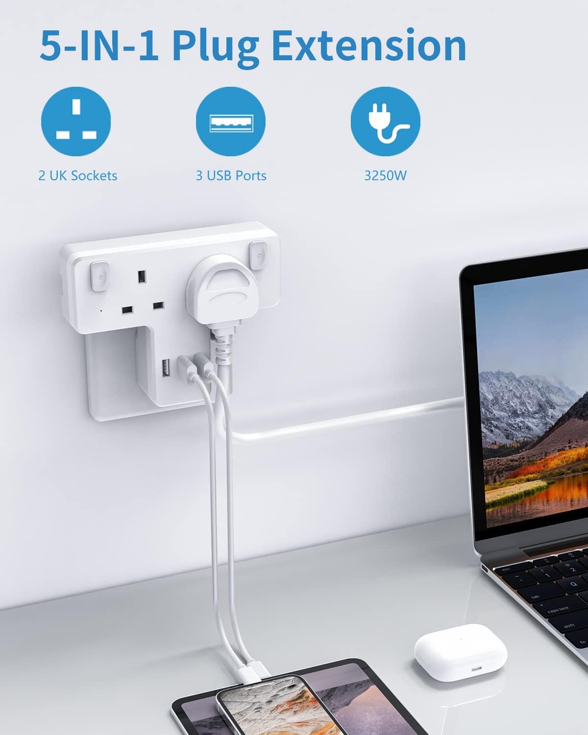 3 つの USB-A スロットと個別スイッチを備えた 2 ギャング プラグ アダプター