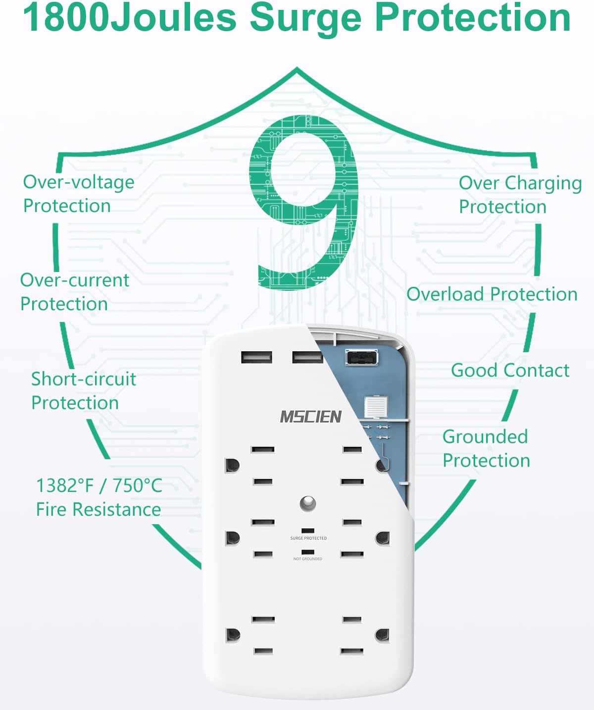 Wall Outlet Extender Surge Protector, Mscien 6 AC Multi Plug Outlet Wall Adapter with 3 USB(3.4A Total), Wall Mount Power Strip Outlet Splitter for Home Dorm Office Travel, 1800 Joules, ETL Listed