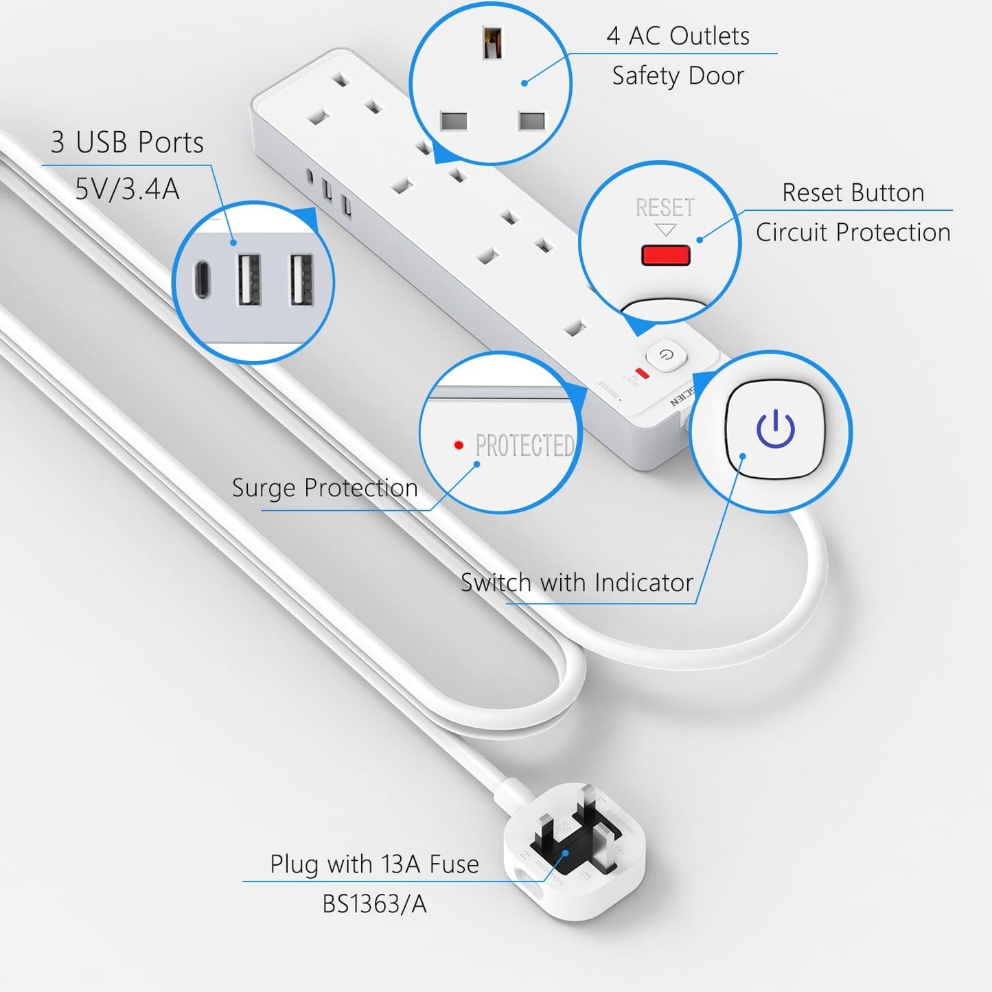 Mscien 3m Extension Lead With USB Slots (1 USB C), 4 Way Surge Protected Extension Lead With 3 Metre Extension Cable Cord