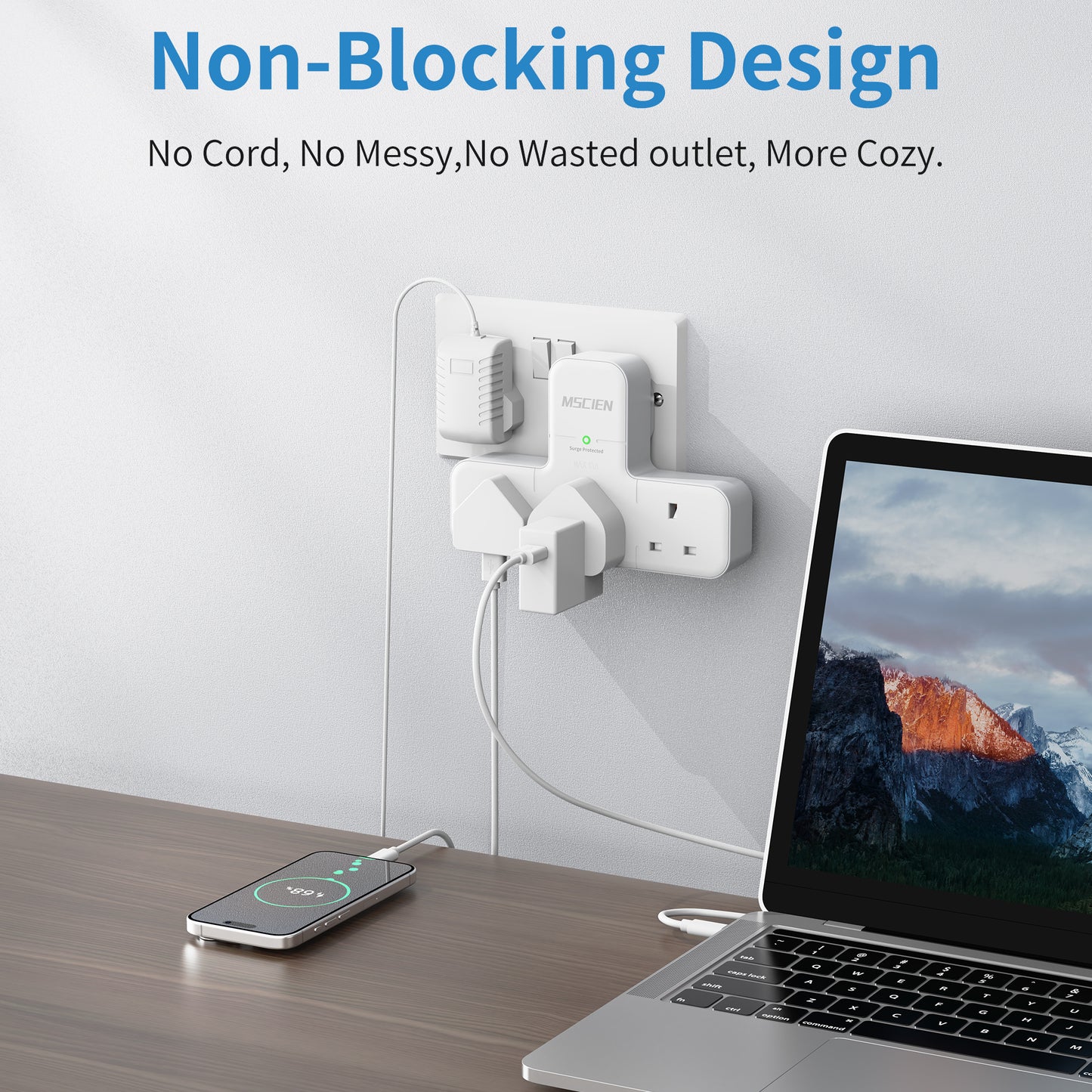 Multi Plug Adapter, Mscien 3 Way UK Plug Extension Socket with 315 Degree Rotation, Wall Power Strip Surge Protector Extender without Cable Plug Adaptor For Home, Office, Dorm